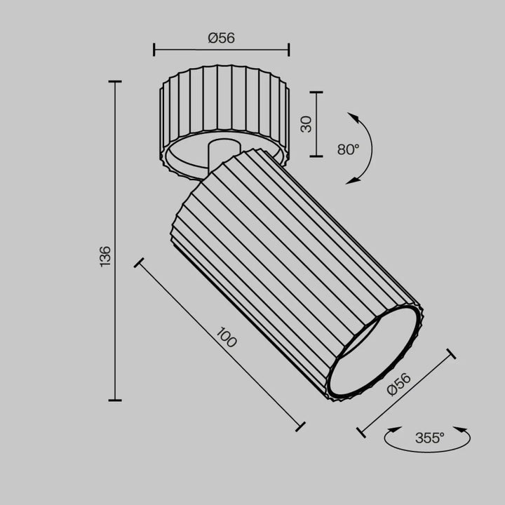 Spot orientable calipso cylindre cannelé avec texture nervurée et rotation orientable à 355 degrés pour éclairage ciblé