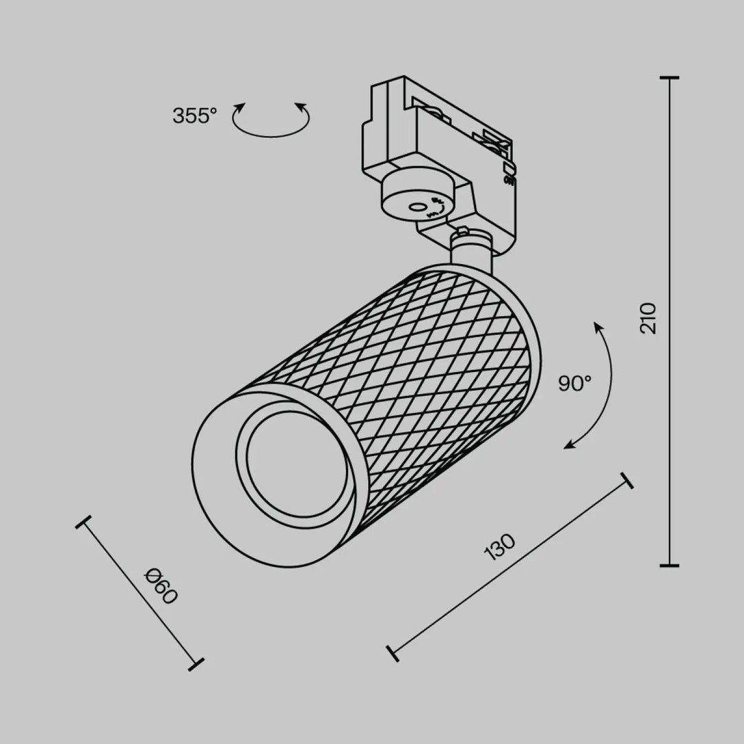 Spot orientable focus design avec tête texturée en grille cylindrique et support de montage pour éclairage sur rail