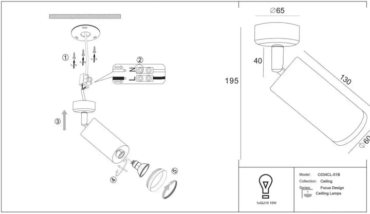 Spot orientable blanc cylindre avec tête texturée focus design modèle cd34cl-01b pour éclairage plafond