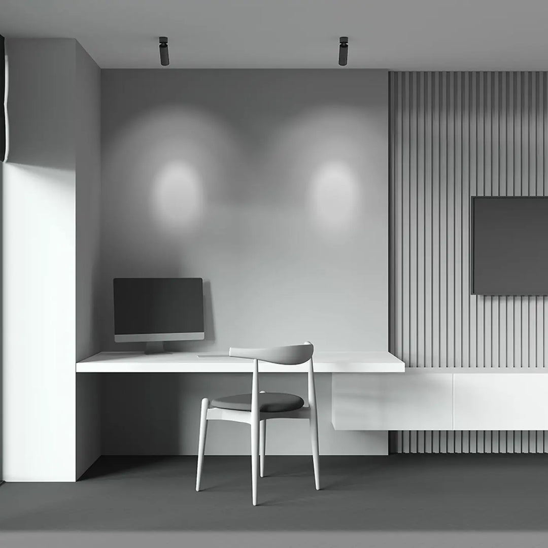 Minimalist white desk with integrated storage compartments featuring spot focus led éclairage d’accent version dimmable