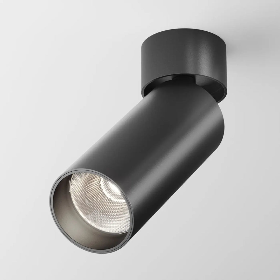 Spot focus led orientable avec tête cylindrique noire mat et éclairage d’accent à ampoule led argentée texturée