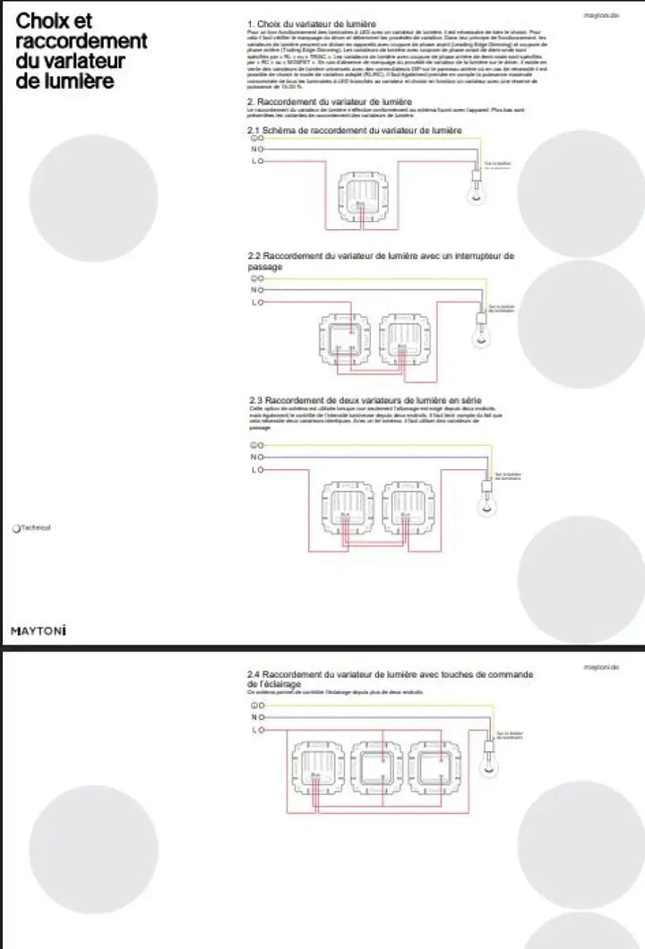 Diagramme technique illustrant les configurations de câblage pour spot focus led orientable version dimmable avec tête cylindrique
