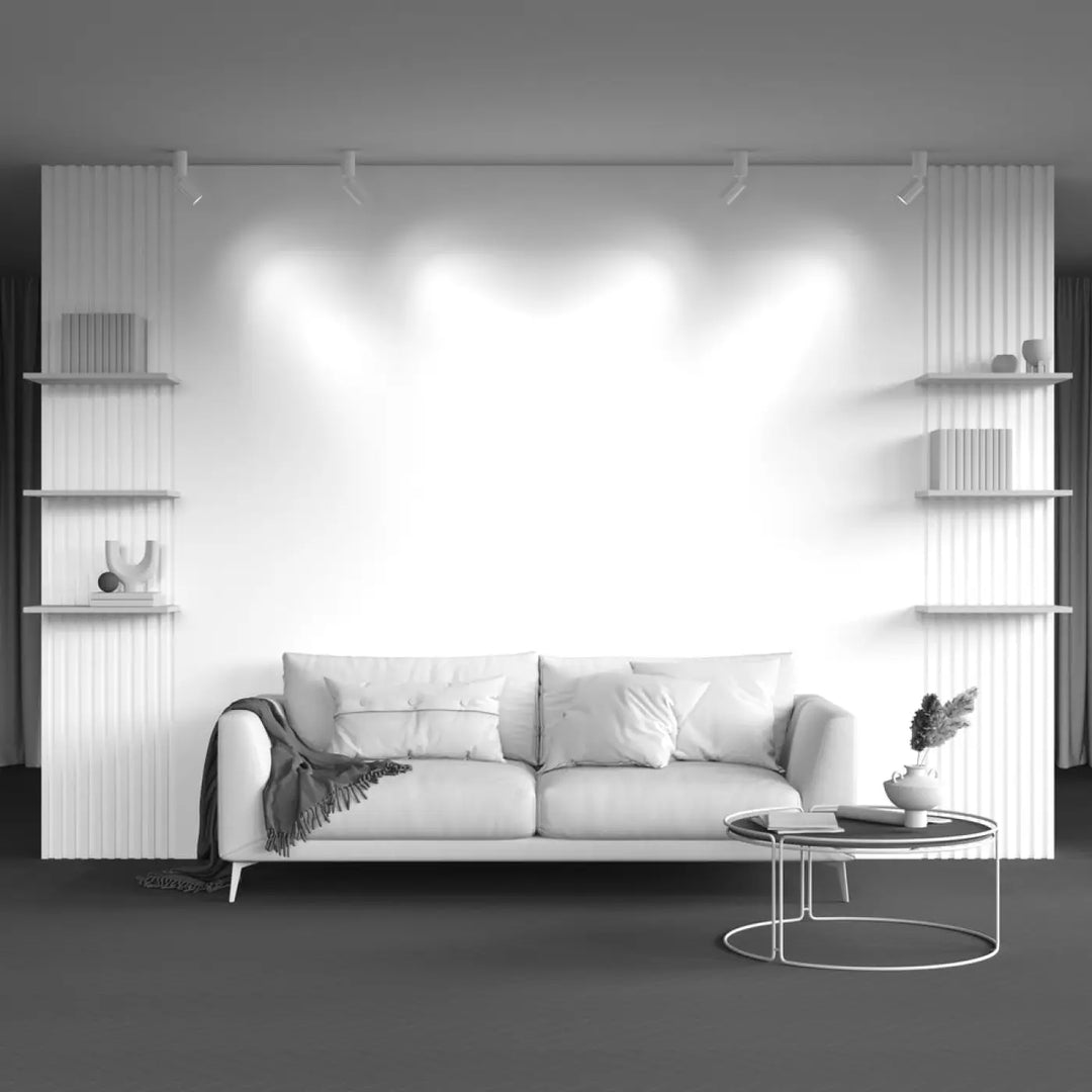 Canapé blanc moderne spot orientable avec tige fine et tête cylindrique aux coussins doux et lignes épurées