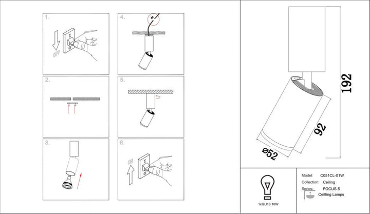 Spot orientable cylindre blanc tige fine 192 mm hauteur 92 mm diamètre design moderne lumineux