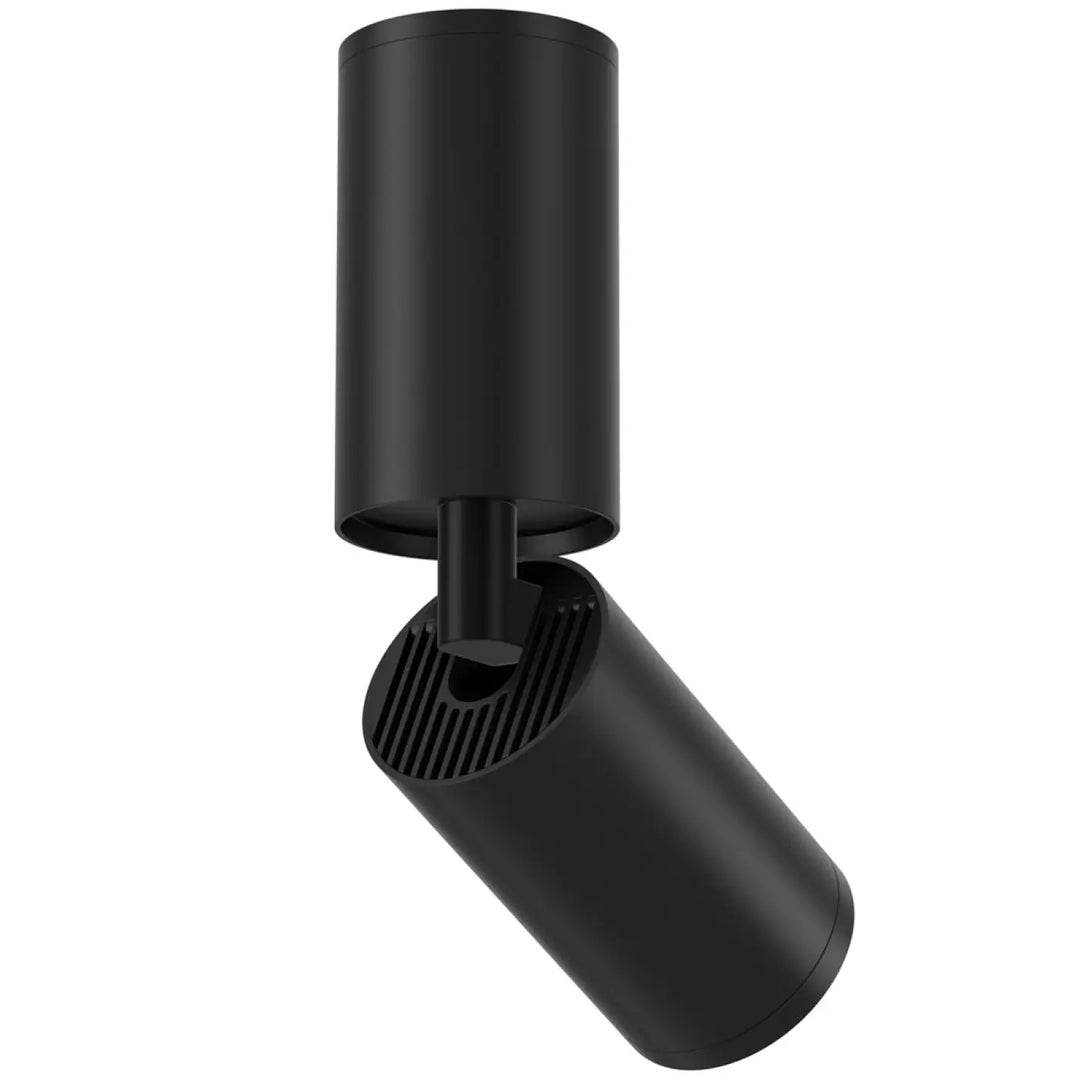Spot orientable noir avec tête cylindrique et tige fine en finition mate pour éclairage sur tige