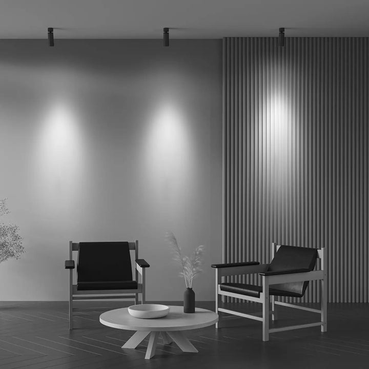 Minimalist armchairs en cuir noir avec cadre en bois blanc fin pour spot focus zoom orientable faisceau réglable