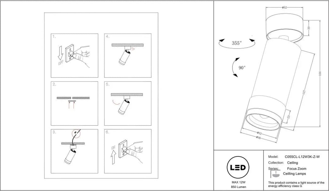Spot focus zoom led ceiling lamp co5scl-12w3k-z-w with cylindrical design and faisceau réglable in white finish