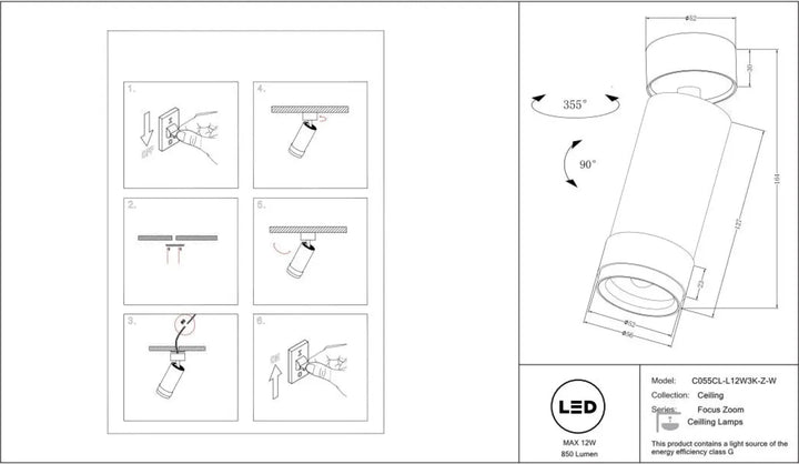 Spot focus zoom led ceiling lamp co5scl-12w3k-z-w with cylindrical design and faisceau réglable in white finish