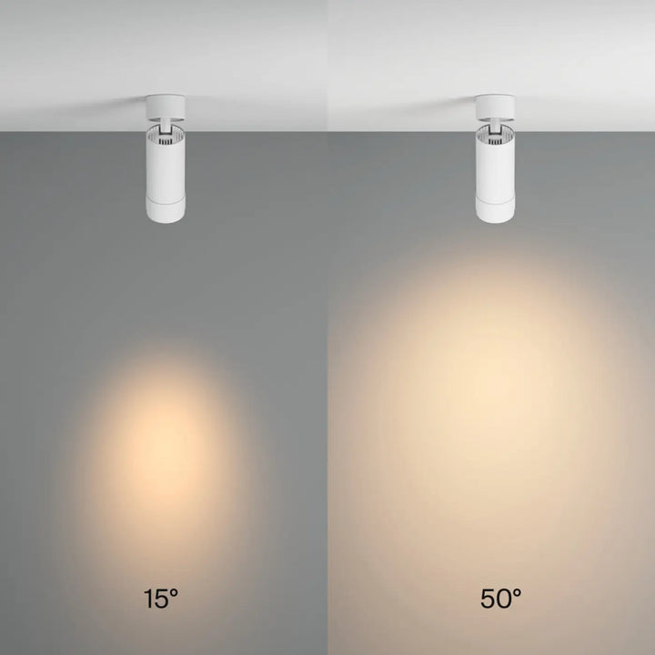 Spot focus zoom blanc cylindrique avec faisceau réglable à 15 et 50 degrés orientable pour éclairage mural