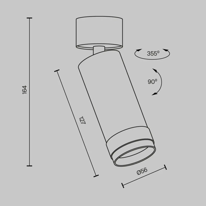 Spot focus zoom adjustable cylindrical ceiling light with 355° rotation and 90° tilt in sleek metallic finish