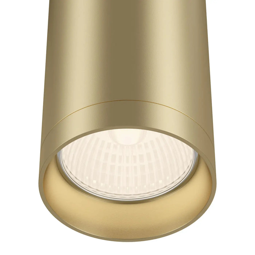 Spot focus cylindre finition dorée avec ampoule gu10 led visible et verre dépoli trois finitions disponibles