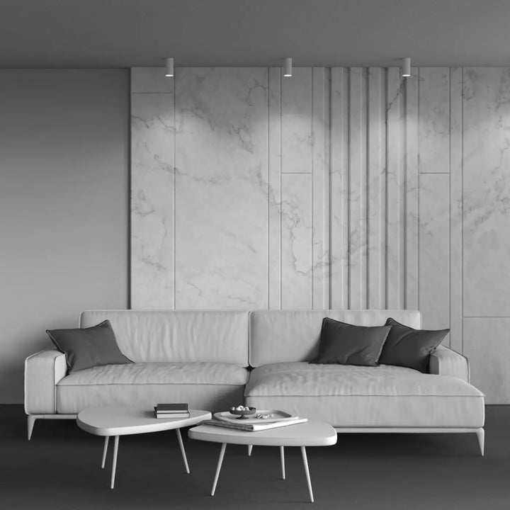 Moderne canapé dangle en cuir blanc spot focus avec coussins gris foncé trois finitions ampoule gu10