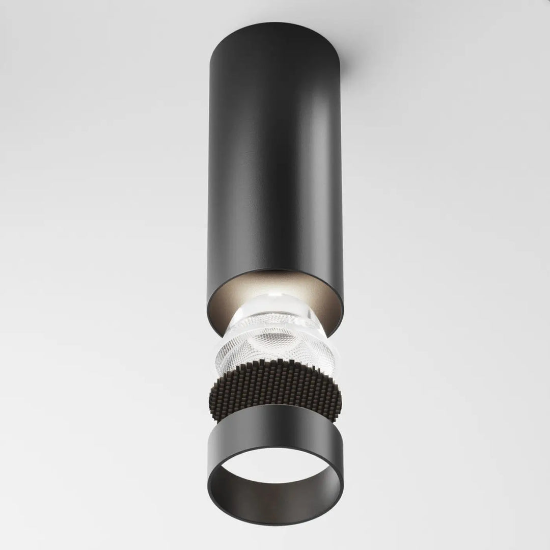 Spot focus led cylindre noir avec diffuseur en verre texturé et accents métalliques version dimmable led intégrée
