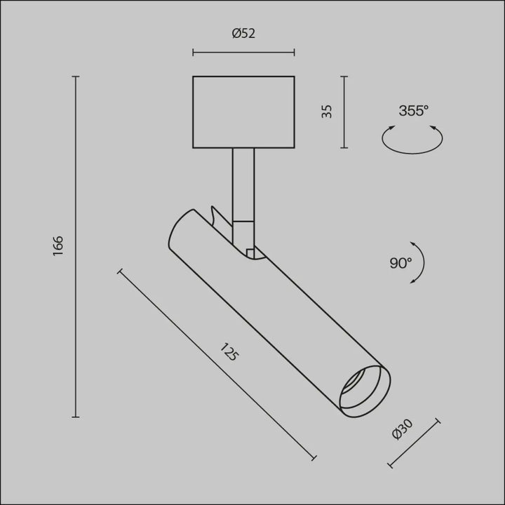 Spot focus t led tube ultra-fin base ronde lumière réglable cylindrique avec design minimaliste et mesures angulaires précises