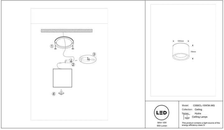 Spot led plafond cylindre indice ip44 saillie hydra led lumière douce modèle c090cl-10w3k-mg hydra collection