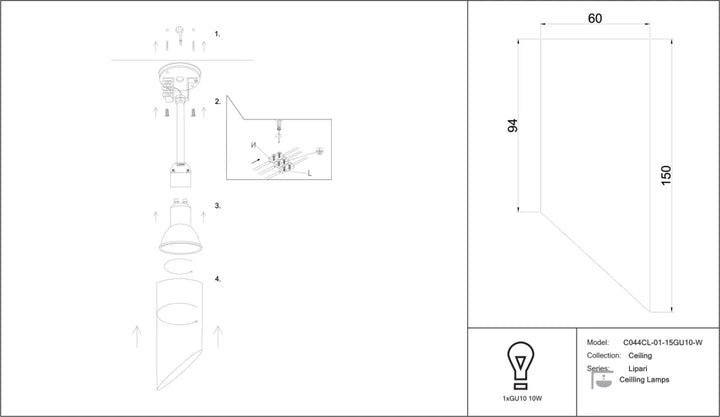 Spot lipari long cylindre plafond en acier noir avec finition métallique et design géométrique moderne co4cl-01-15gu/10-w lipari