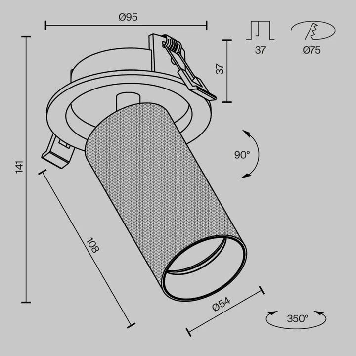 Spot semi-encastré artisan en aluminium texturé avec corps métallique mat cylindrique et support de montage ajustable