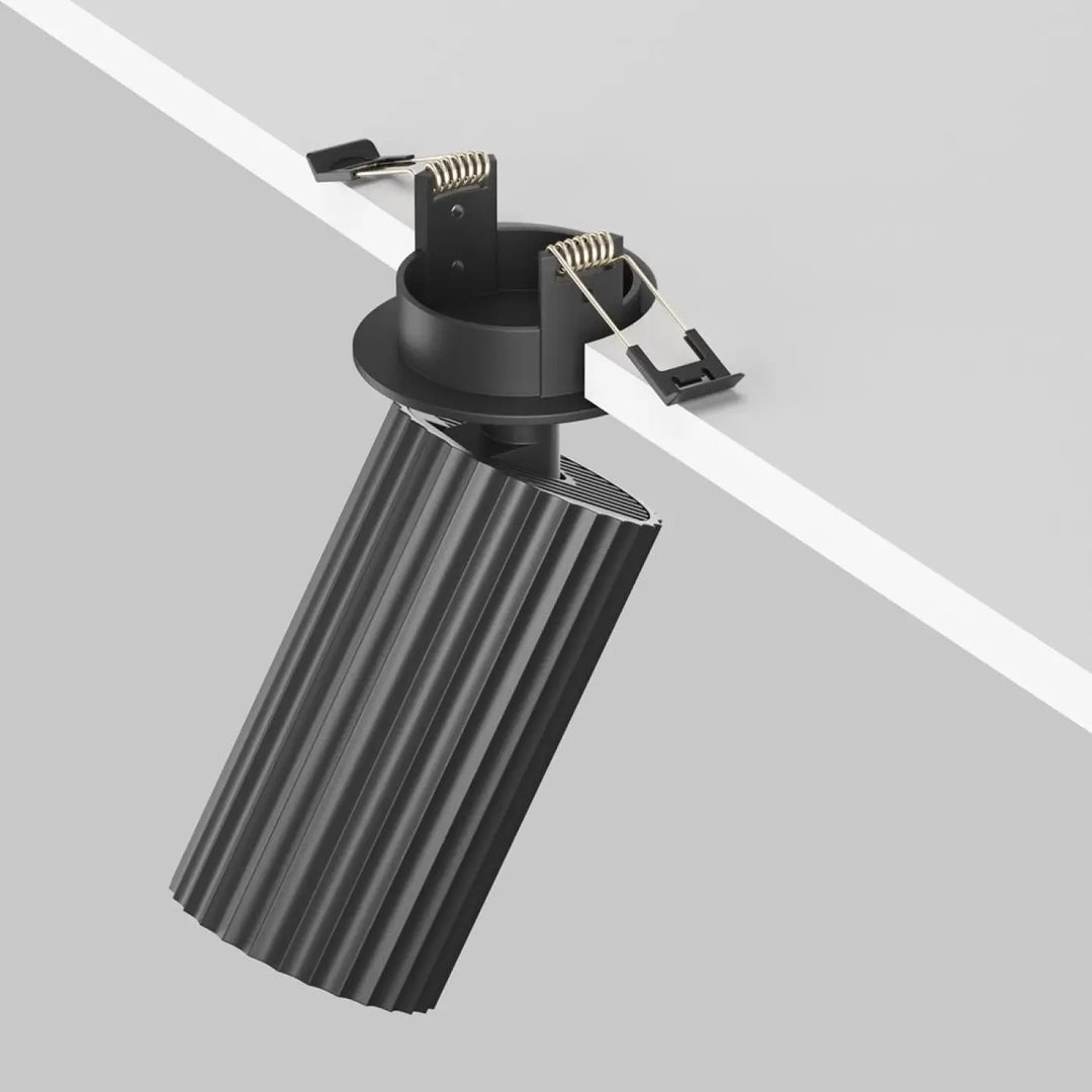 Spot semi-encastré calipso cylindre cannelé noir avec design moderne et clips de montage ajustables pour led