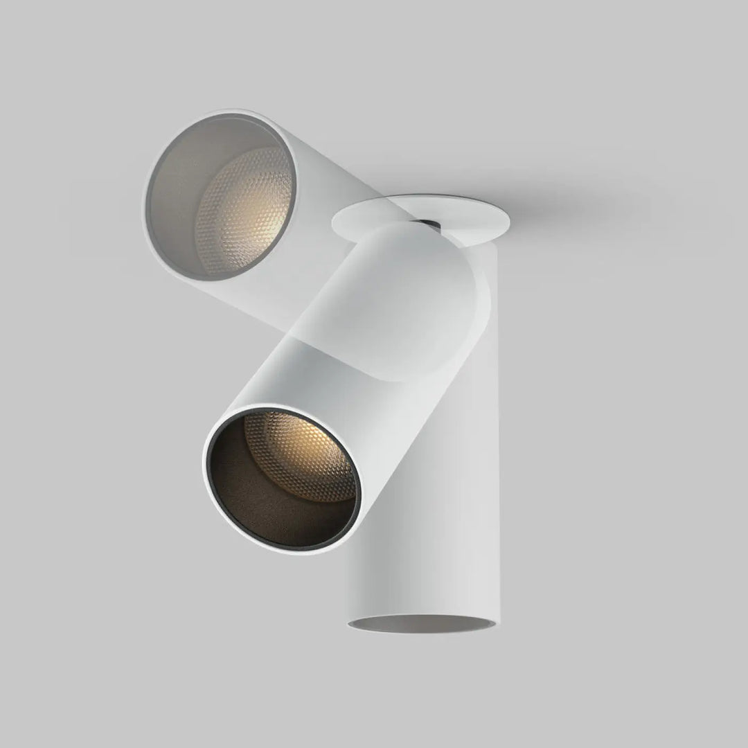 Spot focus led blanc cylindrique semi-encastré avec deux projecteurs ajustables et led intégrée diffusant une lumière chaude