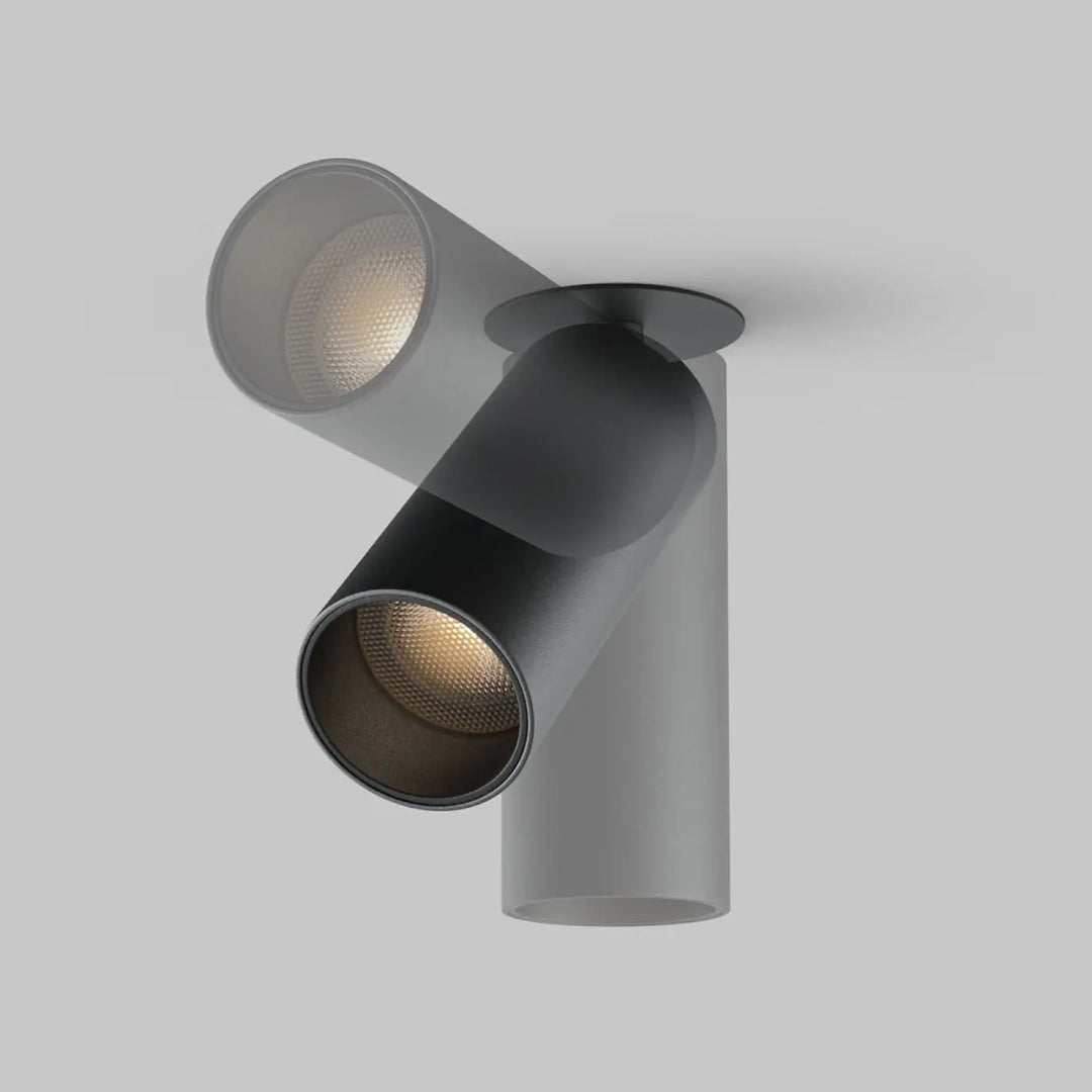 Spot focus led semi-encastré à deux têtes cylindriques gris mat avec led intégrée et diffuseur en verre dépoli