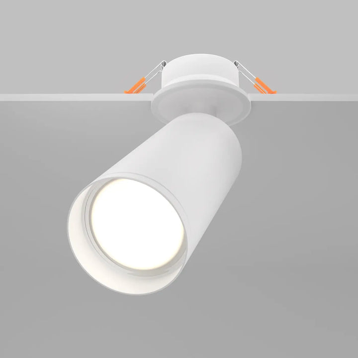 Spot focus led semi-encastré long cylindre blanc avec lentille en verre dépoli et clips de fixation orange