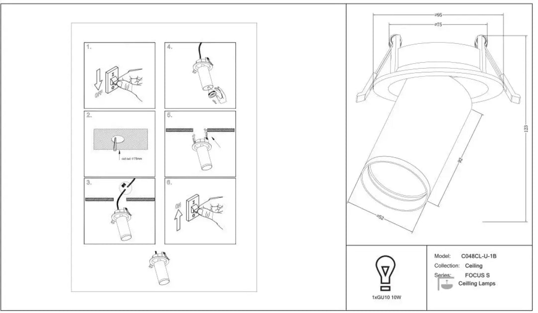 Spot semi-encastré focus s avec tête orientable et finition métallique pour ampoule gu10 au plafond