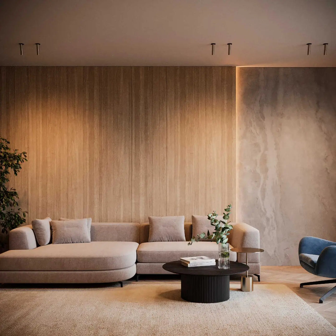 Sectionnel beige spot focus t semi-encastré avec coussins arrondis et led intégrée design moderne tube ultra-fin