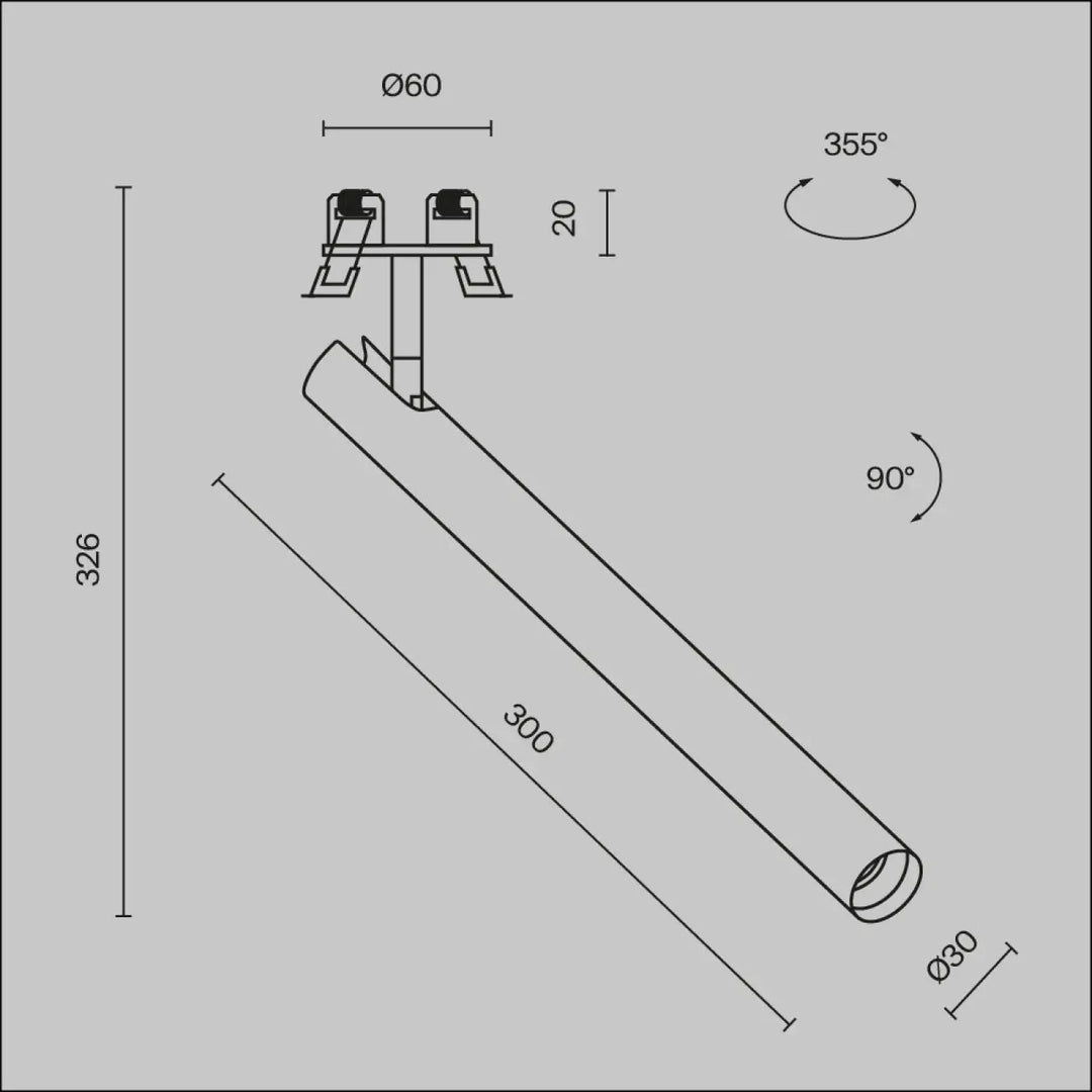 Spot semi-encastré focus tube ultra-fin led intégrée avec rotation réglable 90° ou 355° diamètre 30mm plafond
