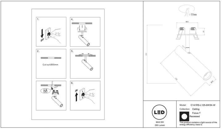 Spot semi-encastré focus t led intégrée avec design cylindrique blanc tube ultra-fin pour éclairage plafond