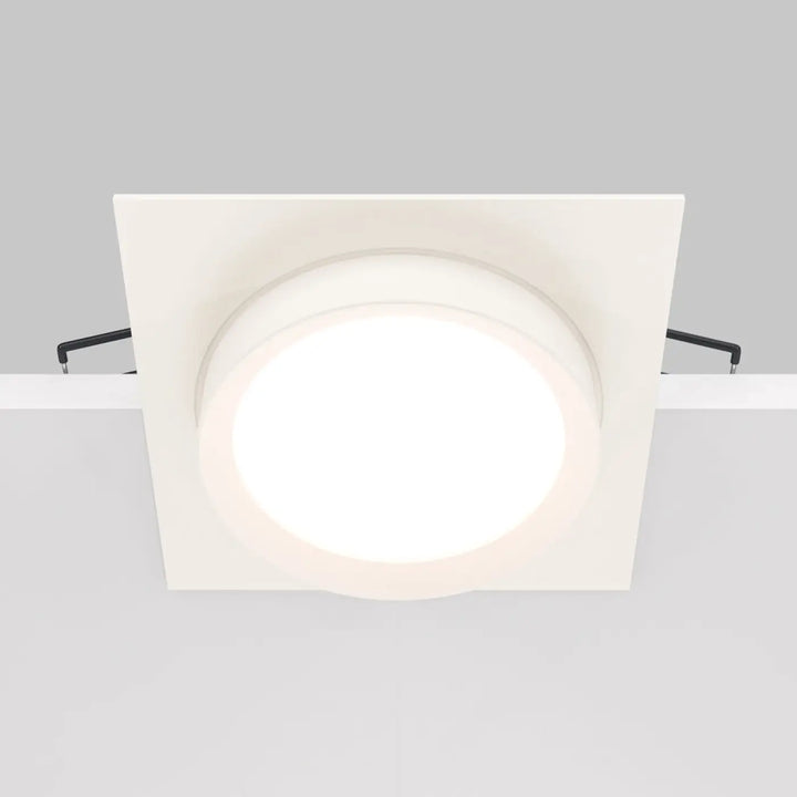 Spot semi-encastré cadre carré blanc avec disque lumineux en verre dépoli circulaire pour éclairage intérieur