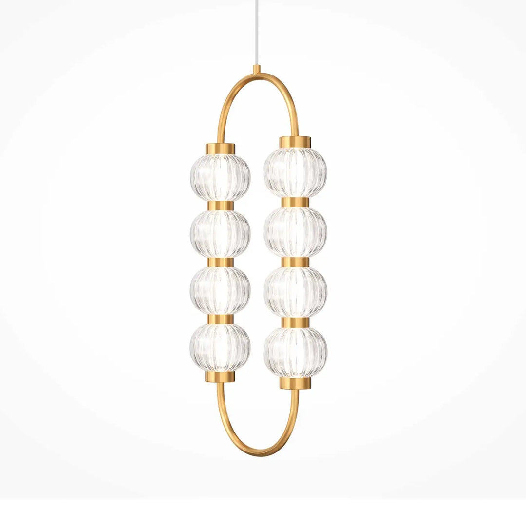 Pendant light amulet ovale gold-toned with six clear faceted verre strié glass orbs in two vertical columns suspension amulet ovale