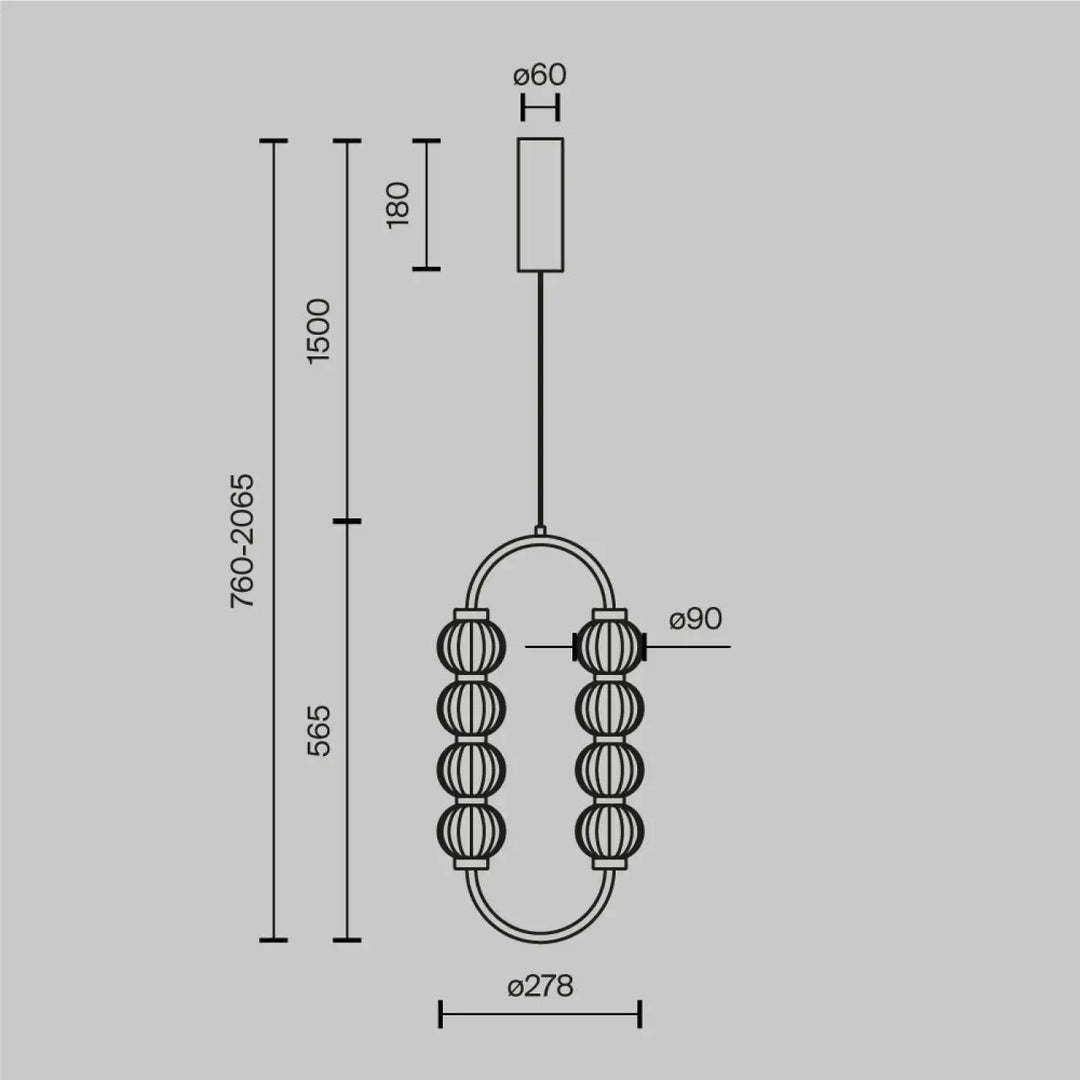 Suspension amulet ovale en verre strié avec cinq perles sphériques suspendues à une structure métallique moderne