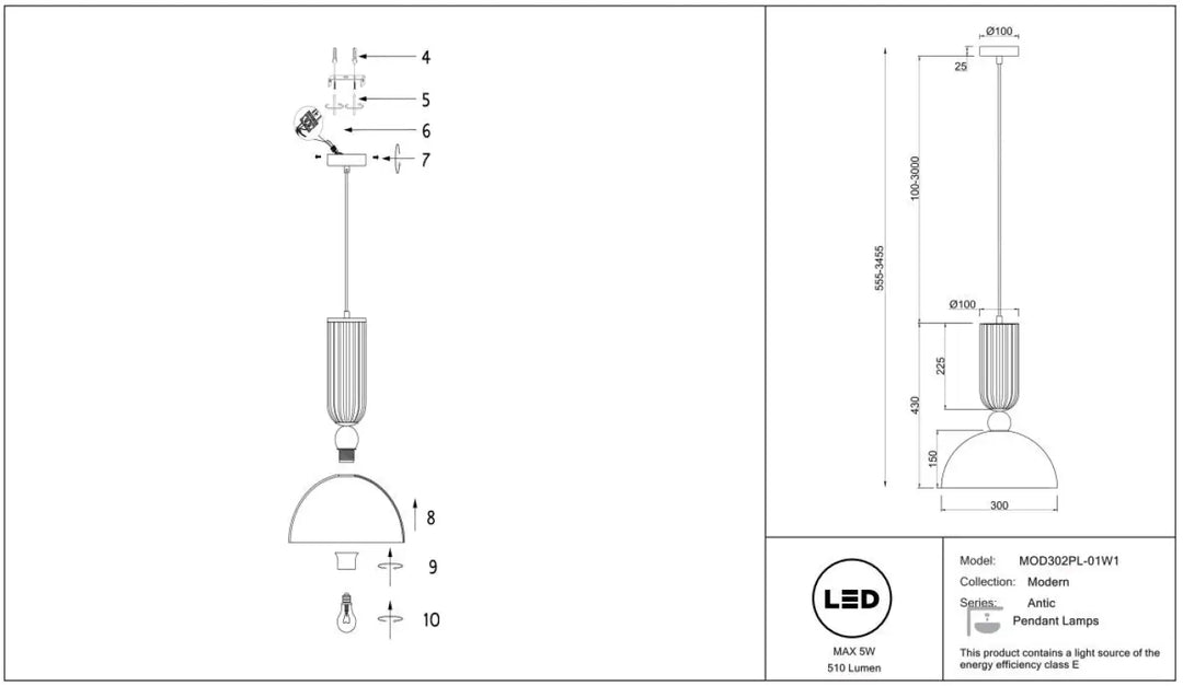 Suspension antic led avec verre strié et monture dorée, abat-jour cylindrique et diffuseur en dôme moderne