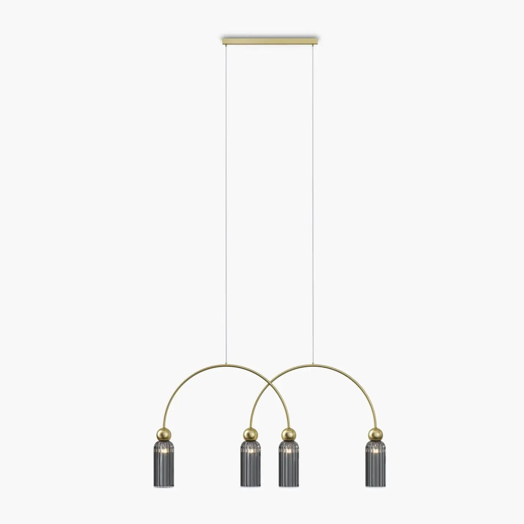 Suspension antic linéaire en laiton moderne avec quatre bras courbés et verre strié gris pour salle à manger