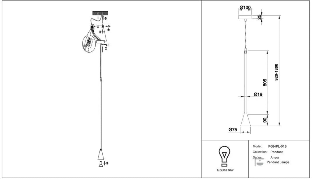 Suspension luminaire arrow avec culot gu10 au-dessus d’un îlot, design minimaliste avec tige allongée et abat-jour conique