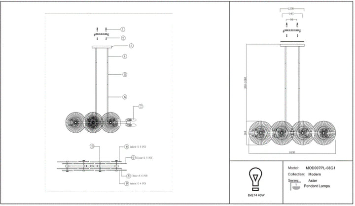 Suspension aster avec quatre abat-jours circulaires en verre ambré et monture dorée au design moderne et minimaliste