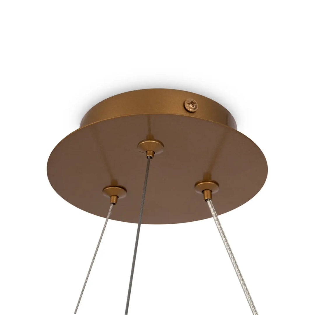 Suspension luminaire balance en bronze finition circulaire avec trois câbles fins et verre opale pour éclairage élégant