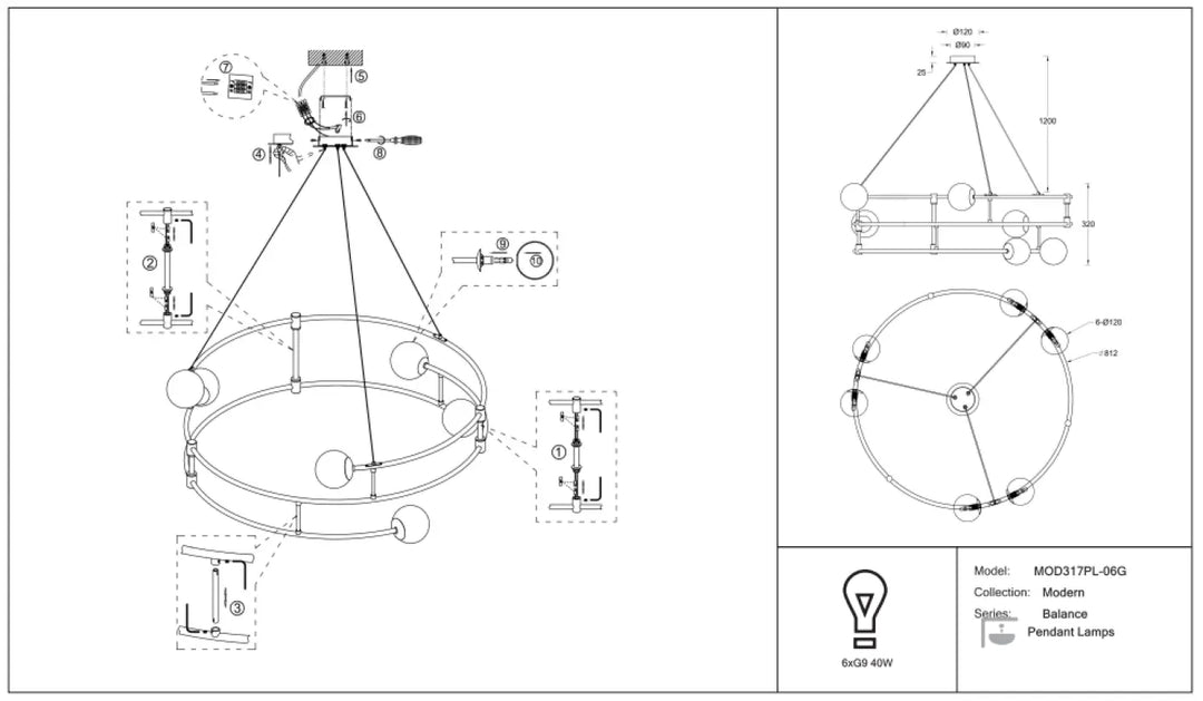 Suspension balance Modem balance pendant lamps modele moo317pl-06g avec verre opale et arches dorées sphériques