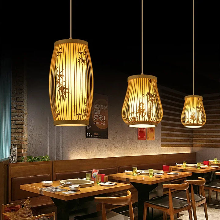 Suspension Bambou Asiatique Cylindrique Motifs Peints Ambiance Zen