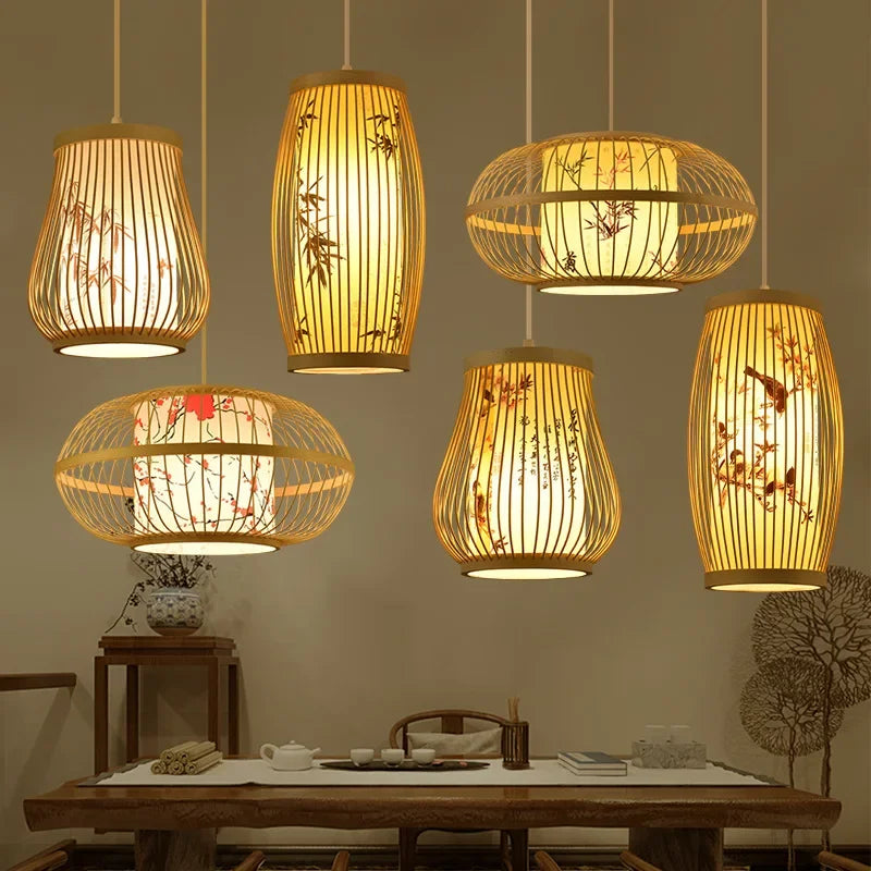 Suspension Bambou Asiatique Cylindrique Motifs Peints Ambiance Zen