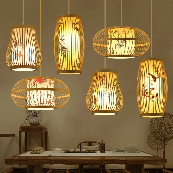 Suspension Bambou Asiatique Cylindrique Motifs Peints Ambiance Zen