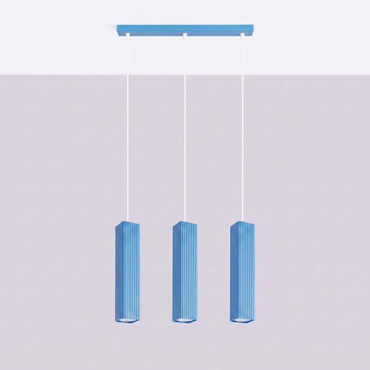 Suspension Rayo bleu azur en ligne à 3 tubes cannelés, éteinte