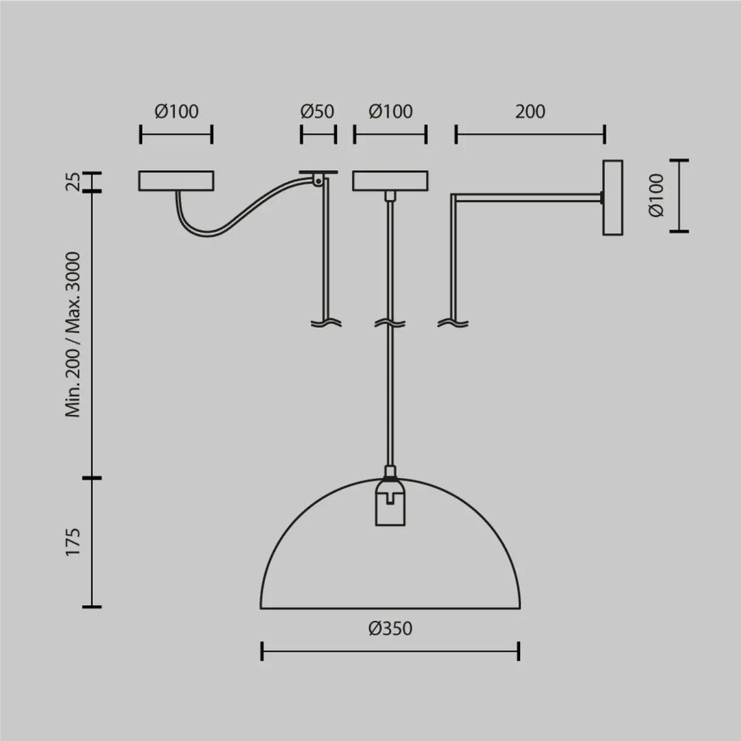 Suspension luminaire basic colors coupole avec bras en métal mat incurvé et abat-jour vert militaire en forme de dôme