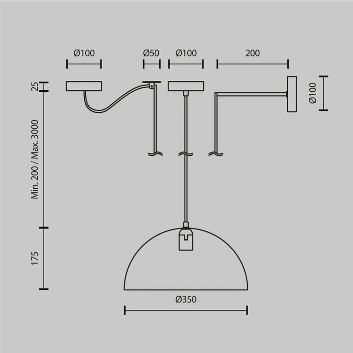 Suspension luminaire basic colors coupole avec bras en métal mat incurvé et abat-jour vert militaire en forme de dôme