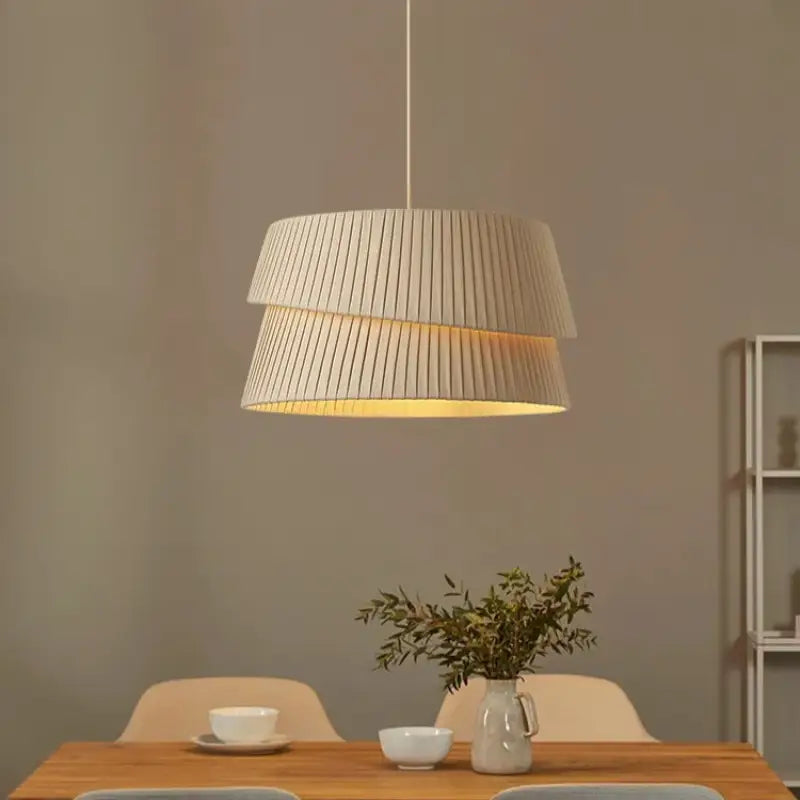 Suspension Beige Plissée Double Abat-Jour Tissu Moderne

