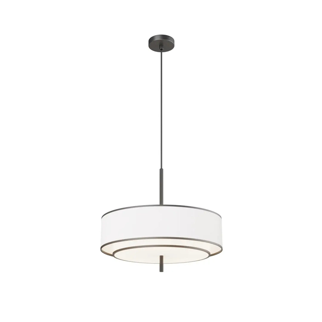 Suspension luminaire bergamo avec cadre métallique noir mat et deux abat-jours concentriques en tissu blanc pour salle à manger avec lumière douce