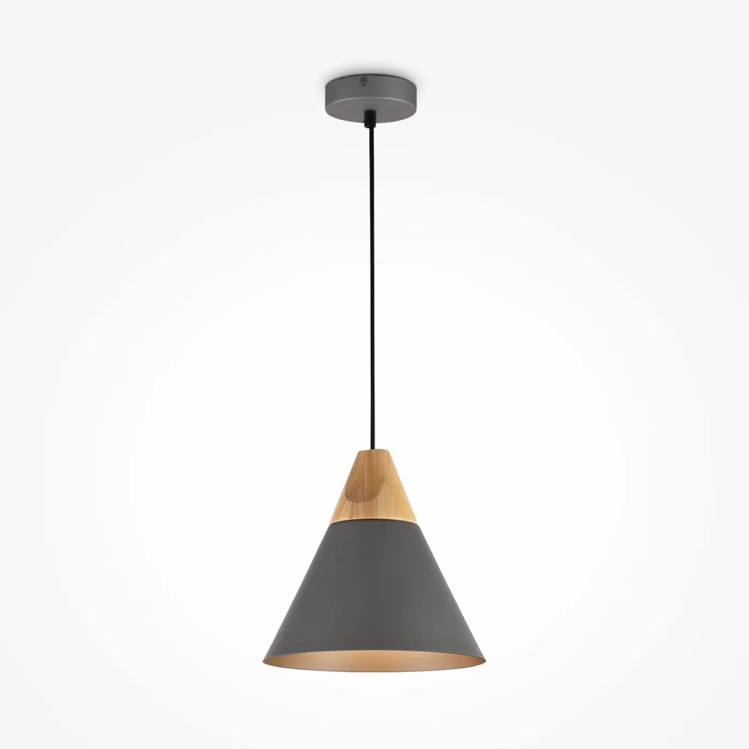 Suspension luminaire bicon es abat-jour conique gris mat en métal avec accents bois naturel pour salle à manger au-dessus d’une table