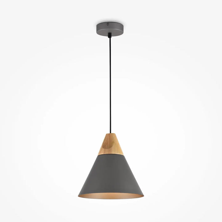 Suspension luminaire bicon es abat-jour conique gris mat en métal avec accents bois naturel pour salle à manger au-dessus d’une table