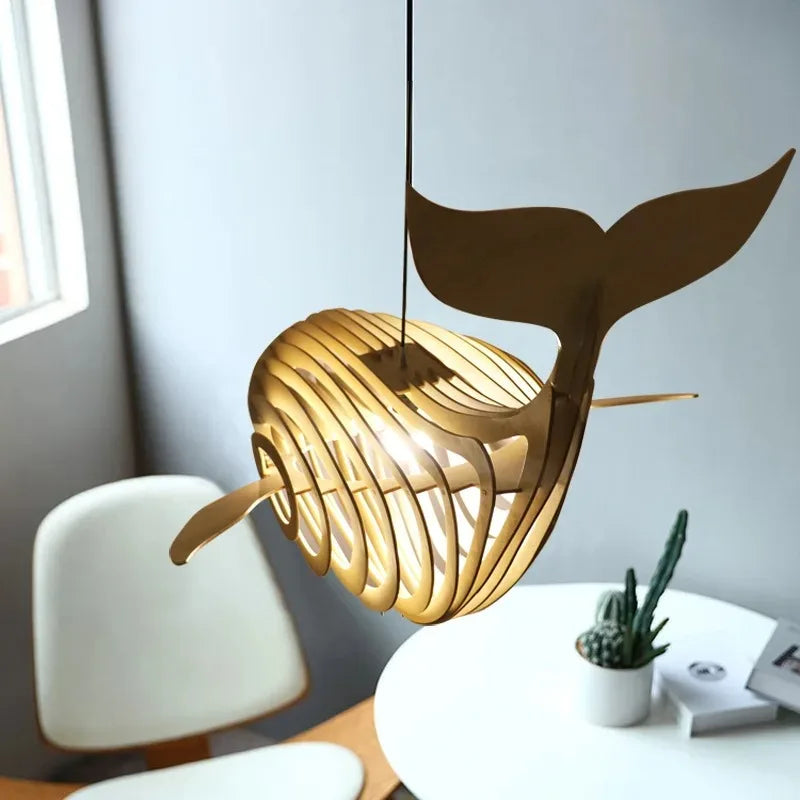 Suspension Bois Naturel Forme Baleine Design Ludique Moderne Beige