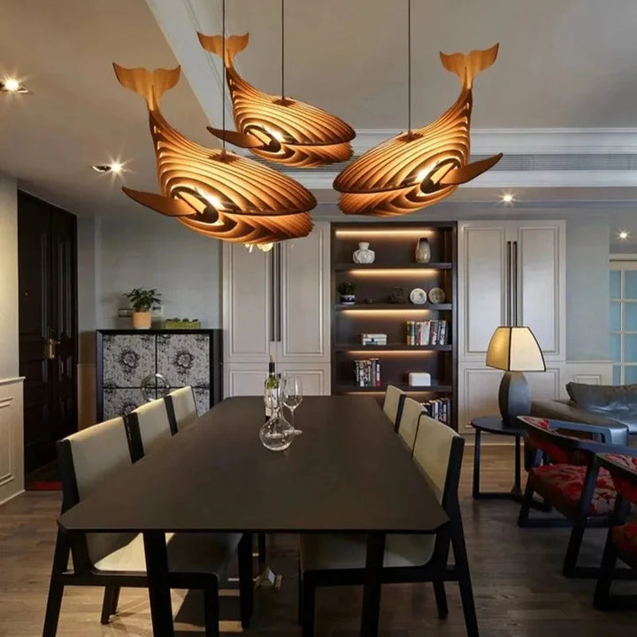 Suspension Bois Naturel Forme Baleine Design Ludique Moderne Beige